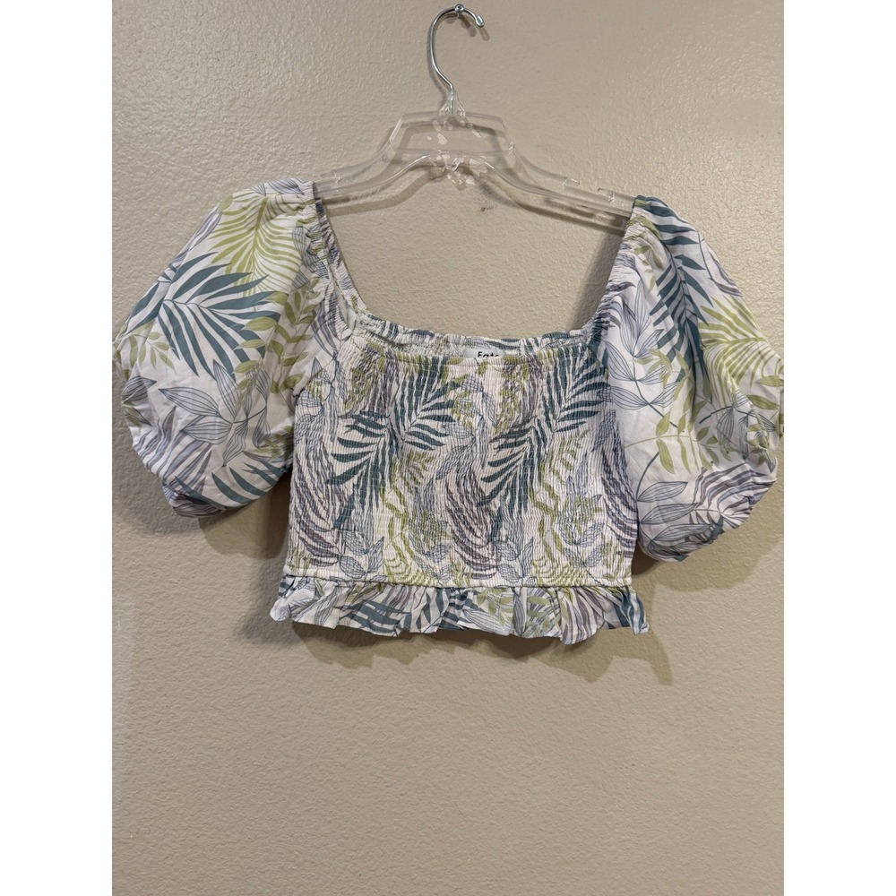 Fate Tropical Palm Print Smocked Puff‎ Sleeve Crop Top Green Blue Small
